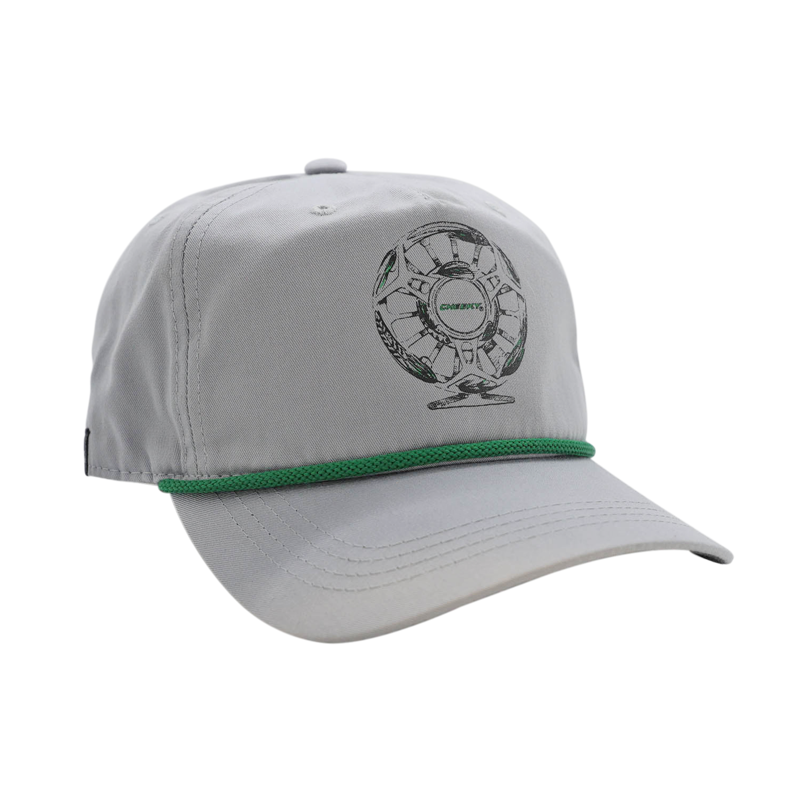 grey unstructured 5 panel hat with a green rope. on the front is a pen and ink drawing of a cheeky spray fly fishing reel with streamers encompassing it