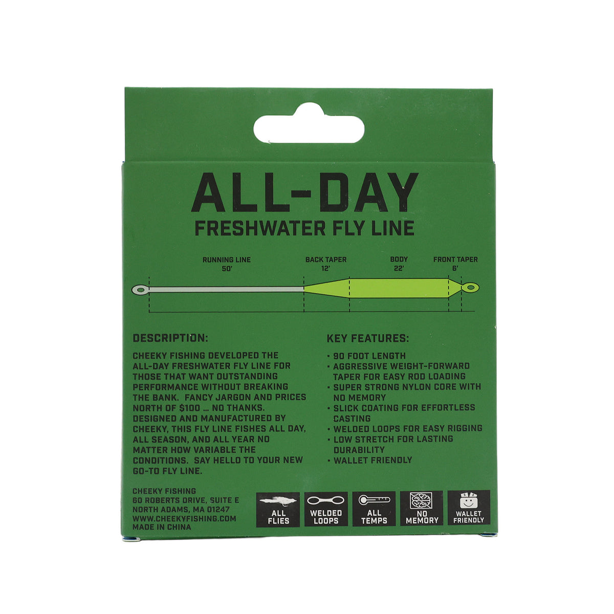 back of fly line box with information on features and description.