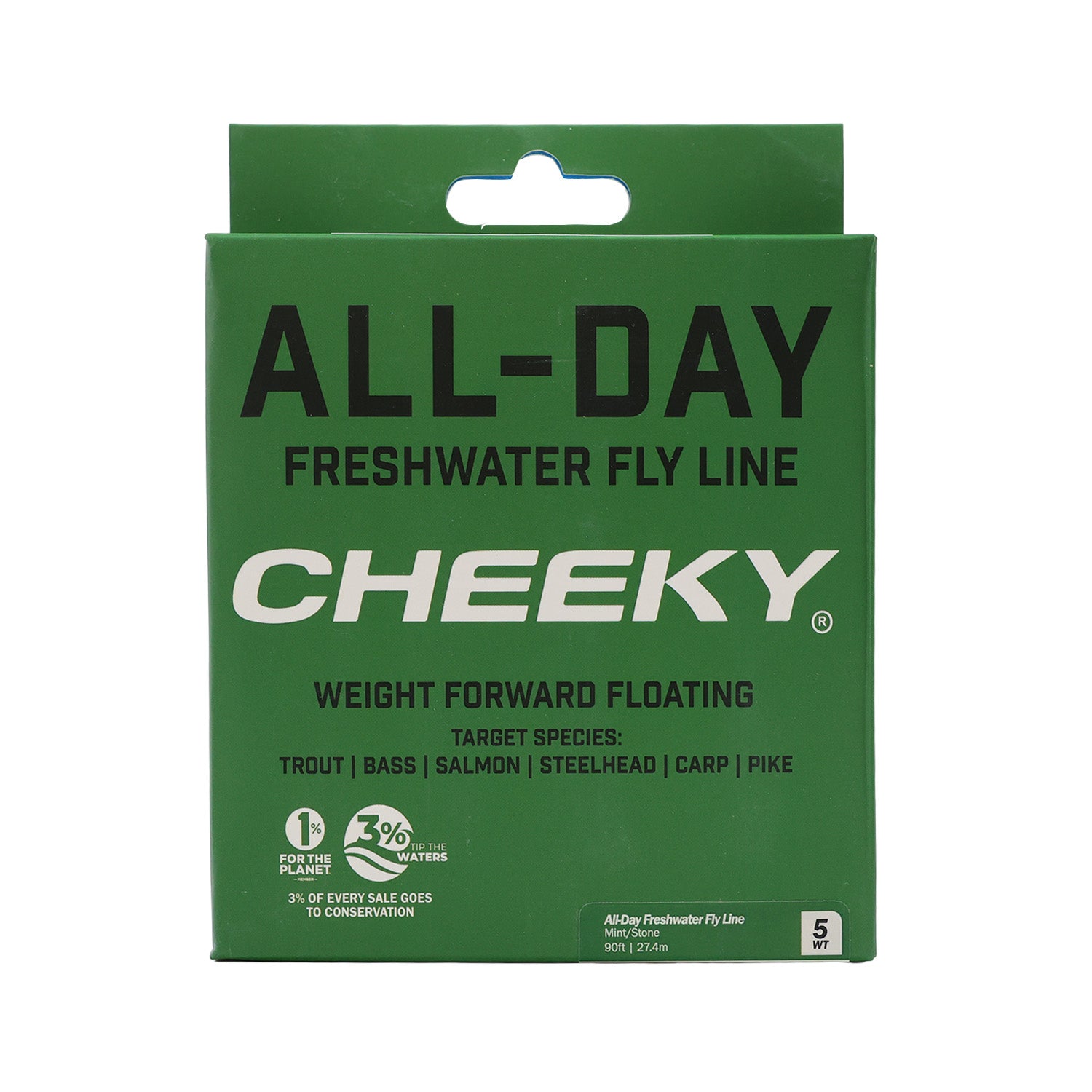 the front of a green box for fly line that says "all day freshwater fly line" with  the cheeky fishing logo