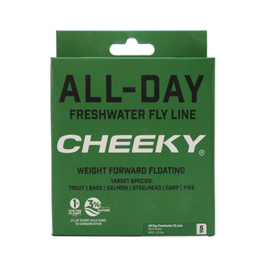 the front of a green box for fly line that says "all day freshwater fly line" with  the cheeky fishing logo
