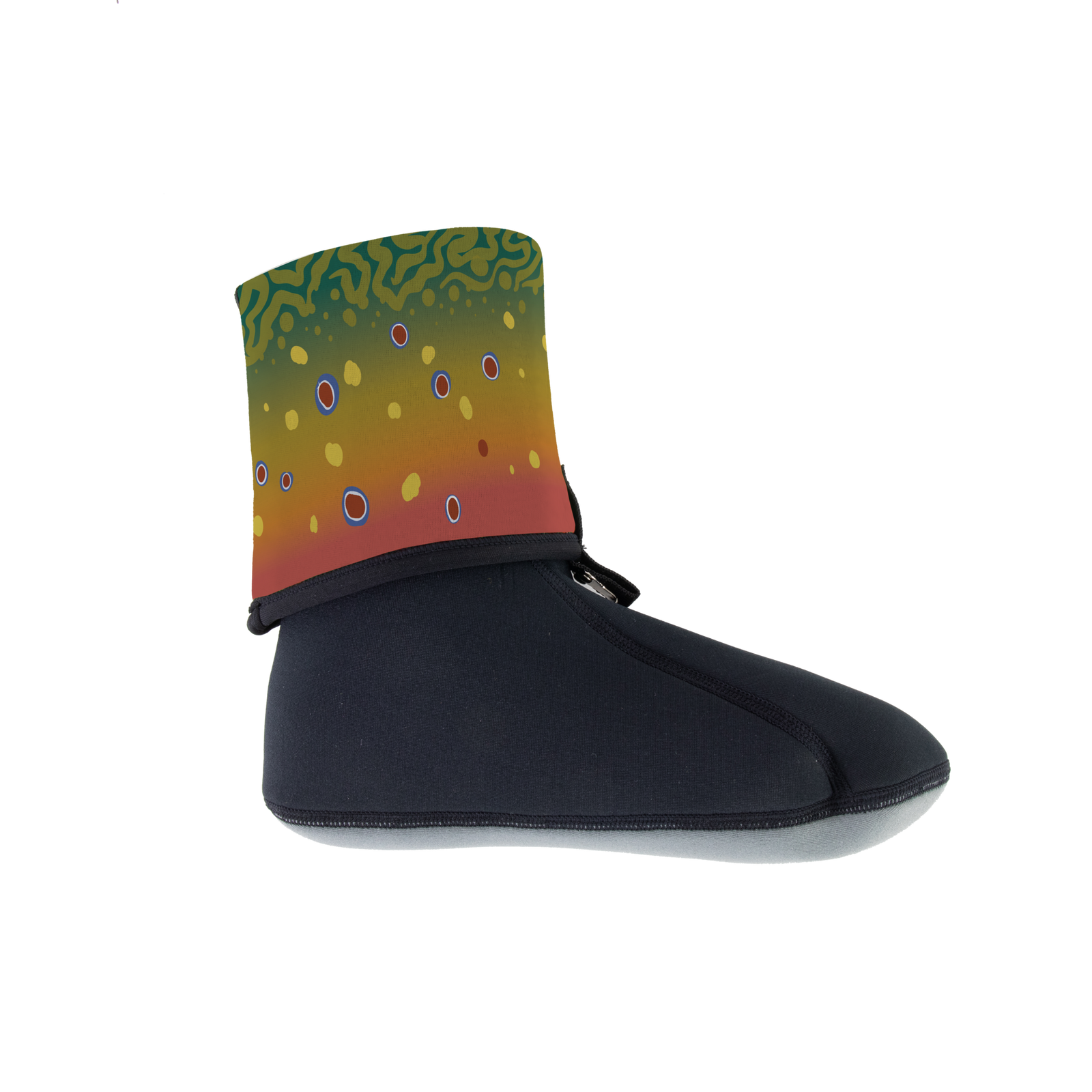 Side view of a black neoprene wading sock with an upper cuff printed in a vibrant brook trout pattern of green, yellow, red, and blue scatter-dot markings.