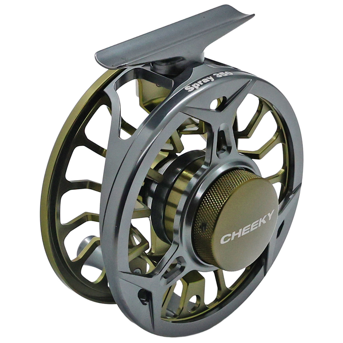 Moss and granite Cheeky Spray 400 fly fishing reel with ventilated spool and mounting foot, shown on a white background.
