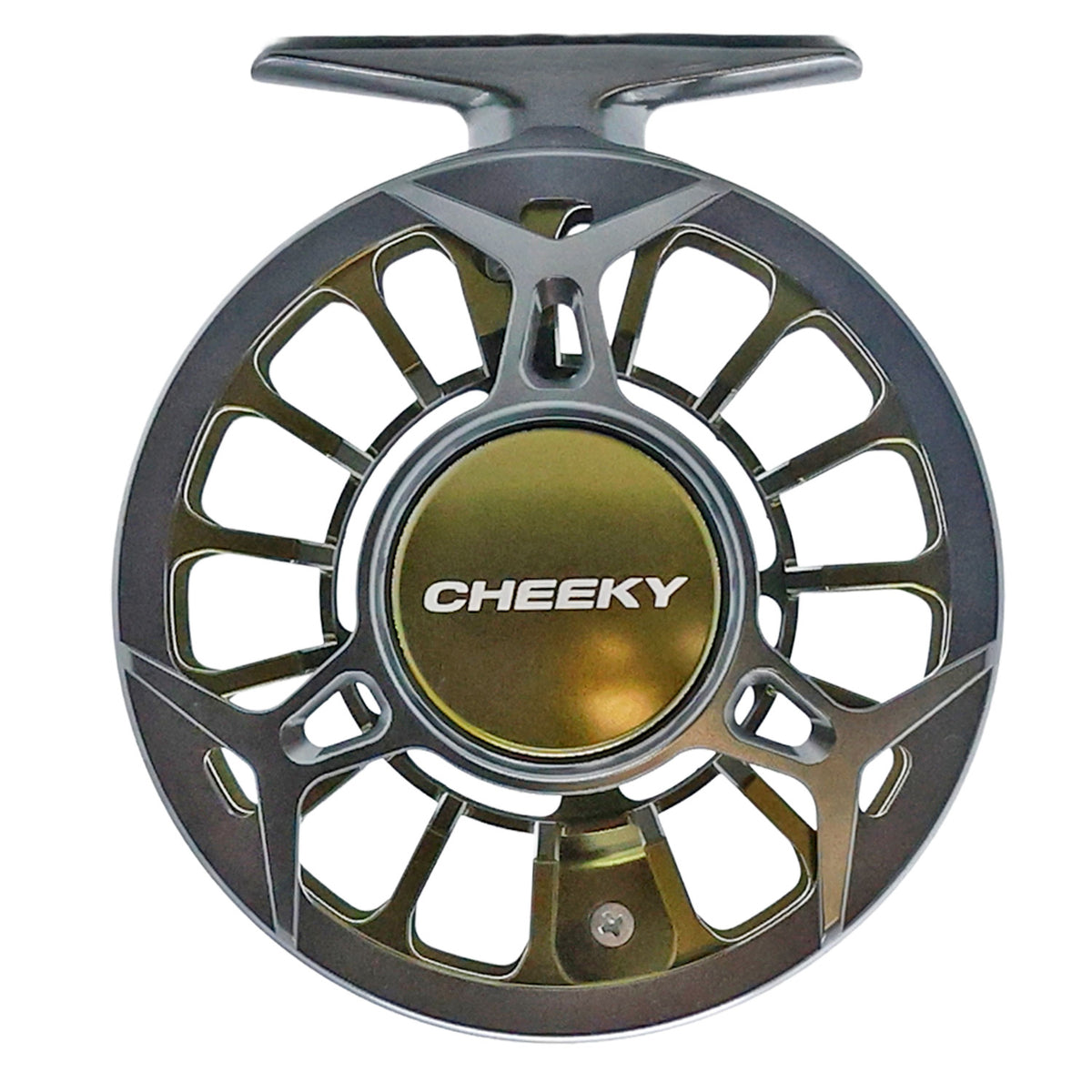 Moss and granite Cheeky Spray 400 fly fishing reel with ventilated spool and mounting foot, shown on a white background.