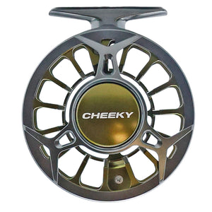 Moss and granite Cheeky Spray 400 fly fishing reel with ventilated spool and mounting foot, shown on a white background.