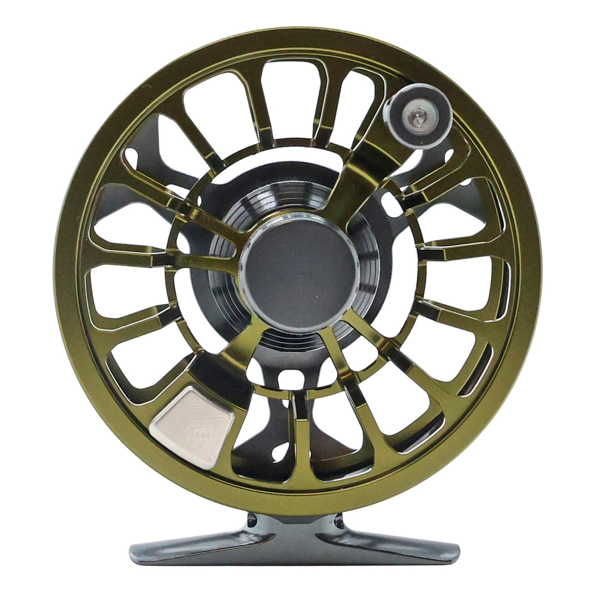 Moss and granite Cheeky Spray 400 fly fishing reel with ventilated spool and mounting foot, shown on a white background Spool side