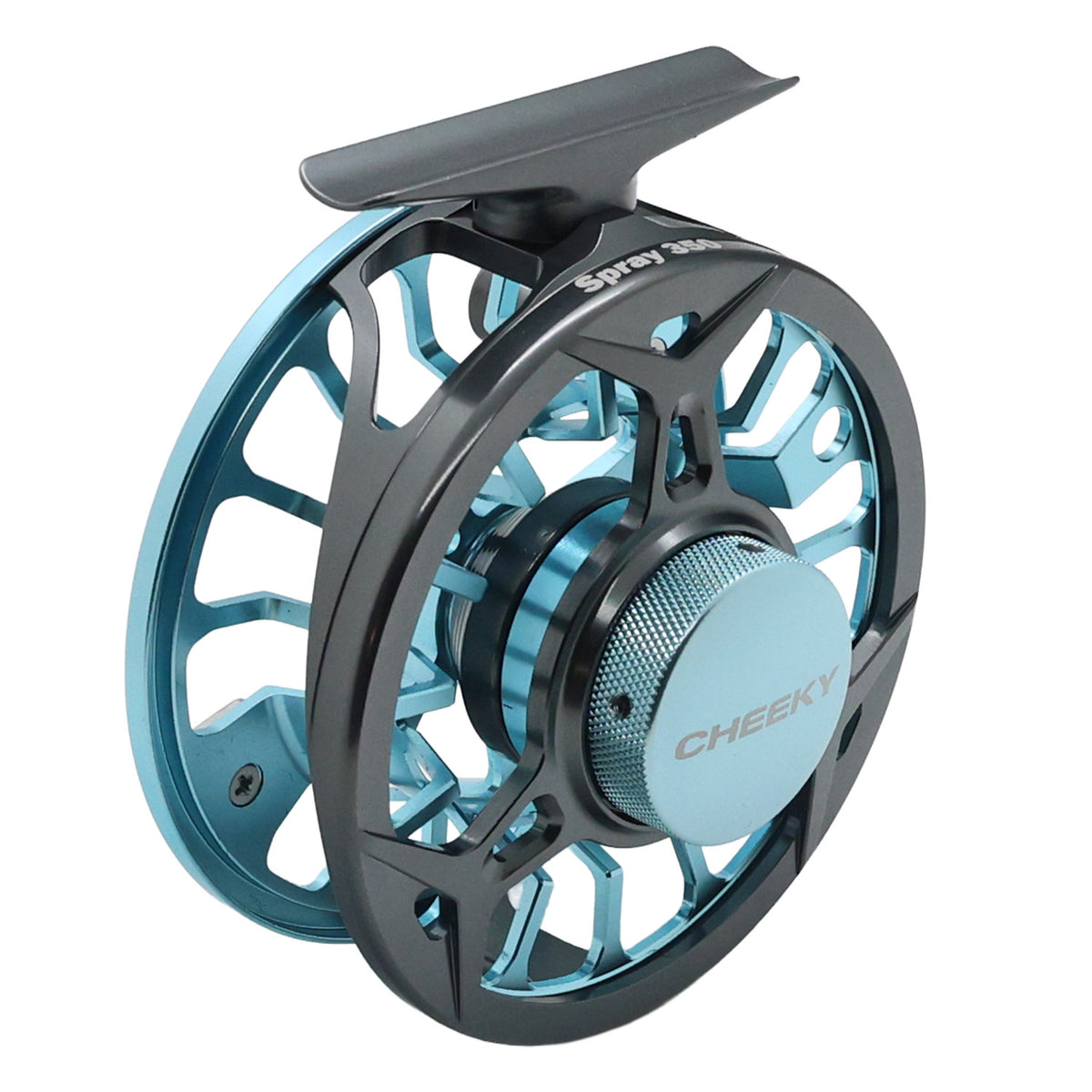 Gray and blue Cheeky Spray 350 fly fishing reel with ventilated spool and handle, shown on a white background.