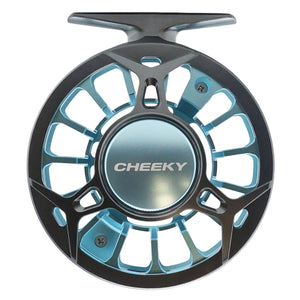 Gray and blue Cheeky Spray 350 fly fishing reel with ventilated spool and handle, shown on a white background frame side image