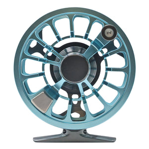 Gray and blue Cheeky Spray 350 fly fishing reel with ventilated spool and handle, shown on a white background spool side image