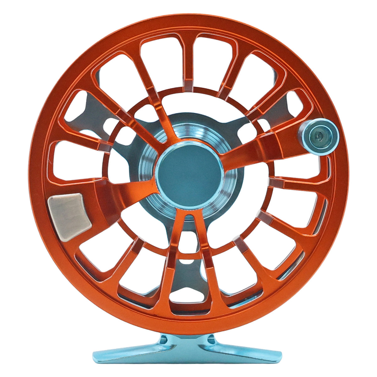 orange and blue Cheeky Spray 400 fly fishing reel with ventilated spool and handle, shown on a white background spool side 