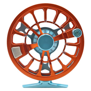 orange and blue Cheeky Spray 400 fly fishing reel with ventilated spool and handle, shown on a white background spool side 