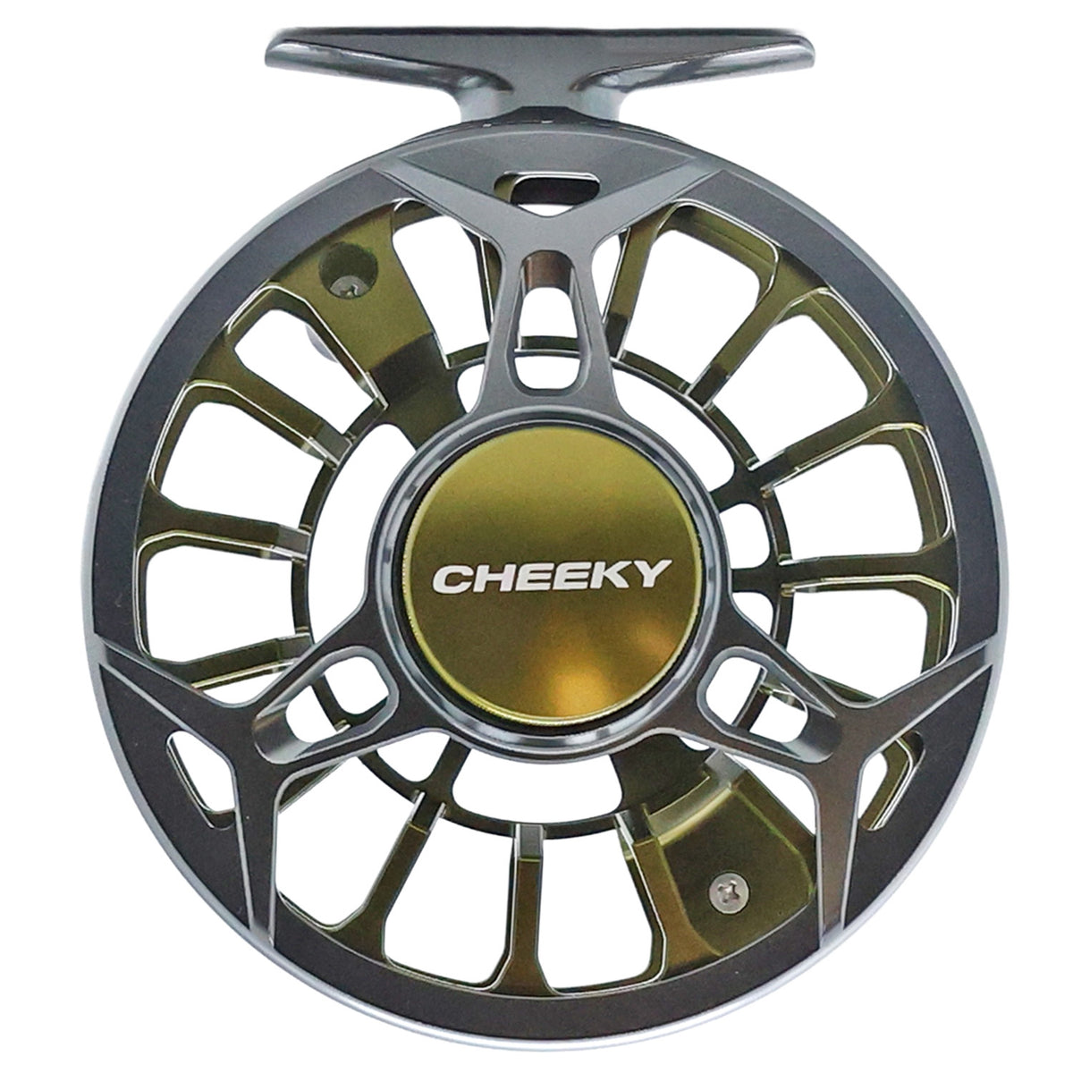 Frame side of Granite and Moss Cheeky Spray 400 fly fishing reel with ventilated spool and mounting foot, shown on a white background.