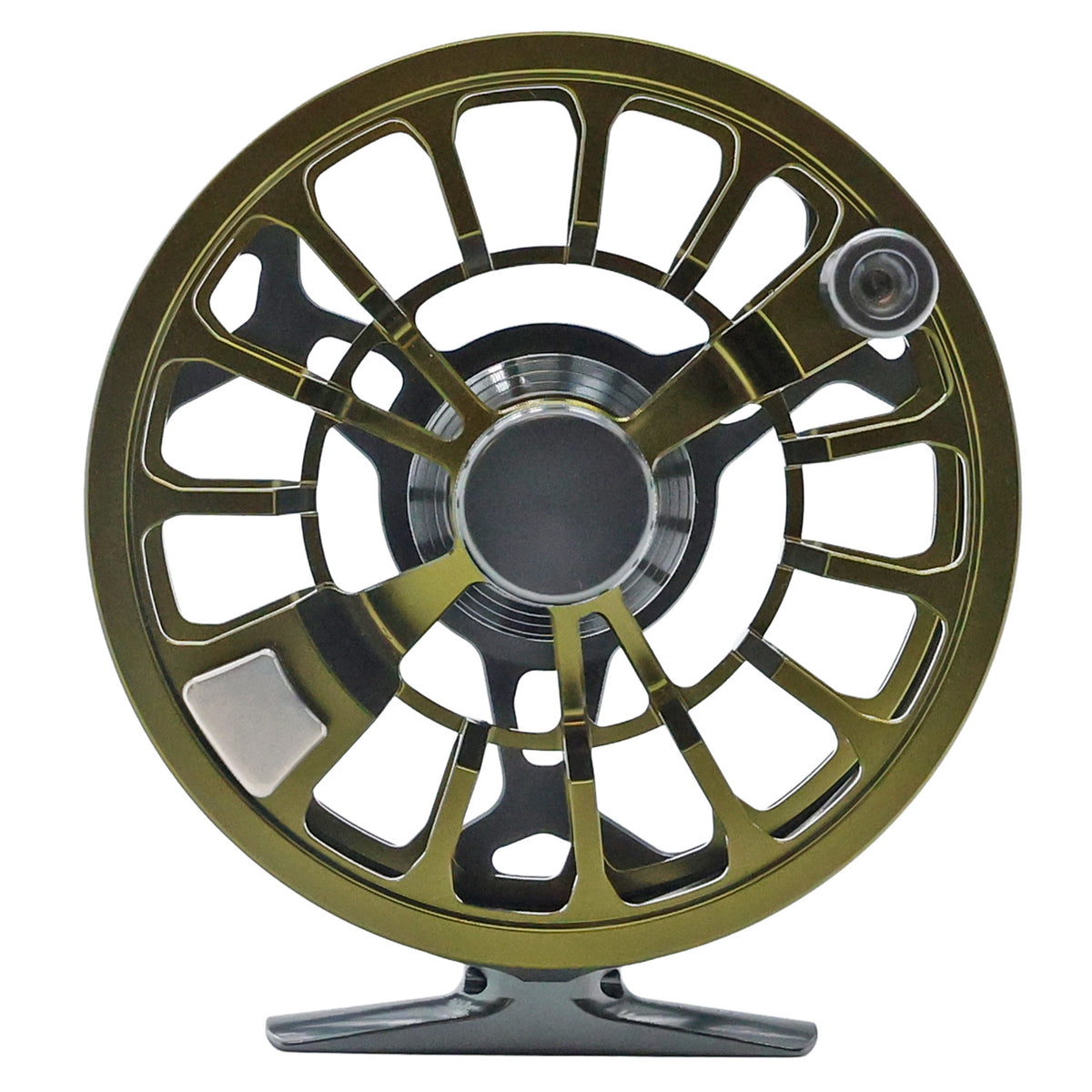 Spool side of Granite and Moss Cheeky Spray 400 fly fishing reel with ventilated spool and mounting foot, shown on a white background.