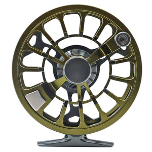 Spool side of Granite and Moss Cheeky Spray 400 fly fishing reel with ventilated spool and mounting foot, shown on a white background.
