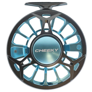 Gray and blue Cheeky Spray 350 fly fishing reel with ventilated spool and handle, shown on a white background Frame side image