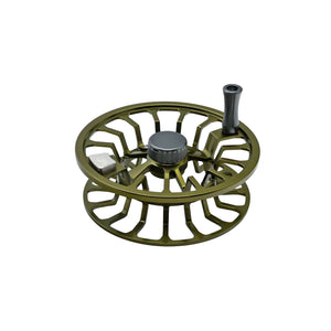 Dark Green Cheeky fly fishing reel spool with ventilated design, center knob, and handle, shown on a white background.
