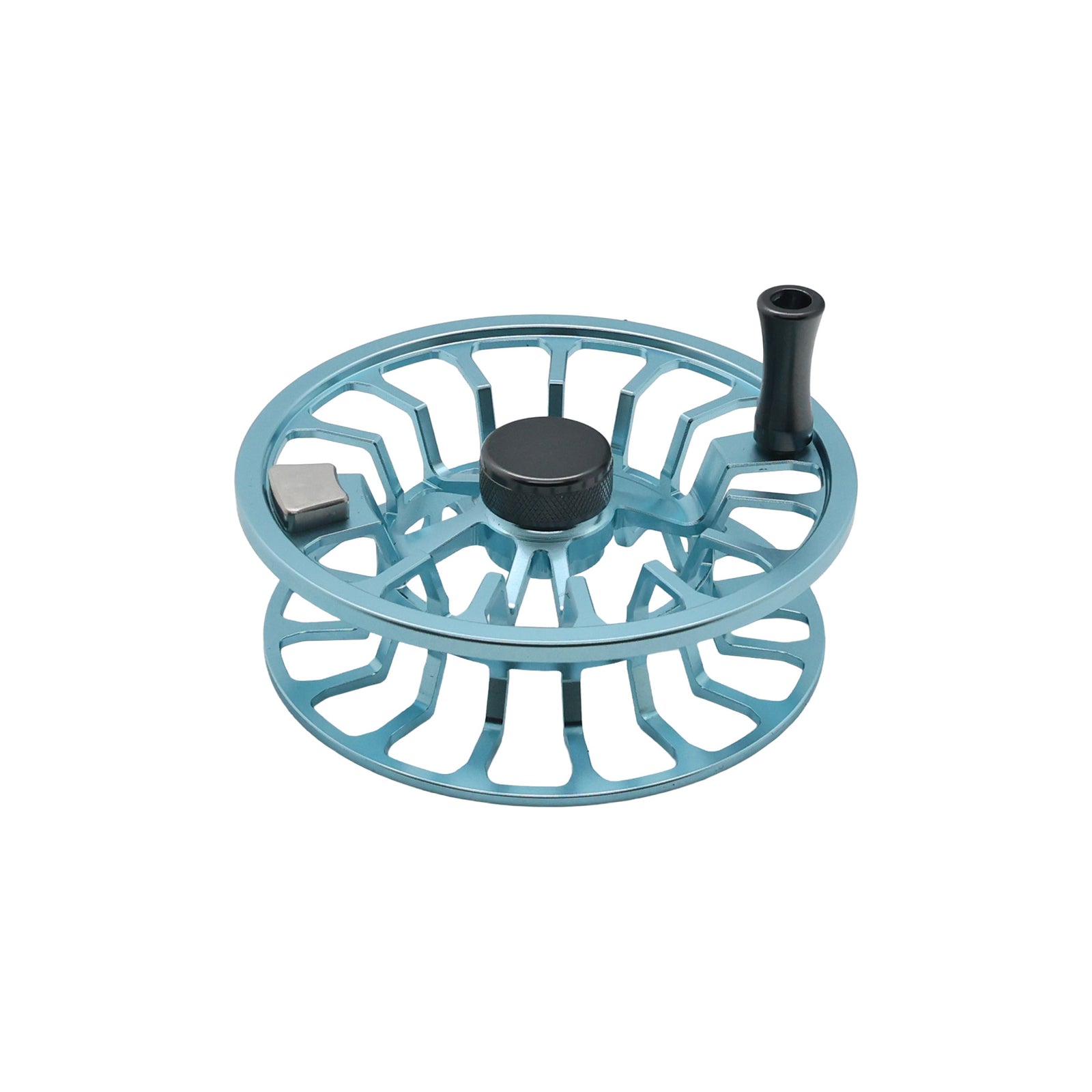 Light blue Cheeky fly fishing reel spool with ventilated design, center knob, and handle, shown on a white background.