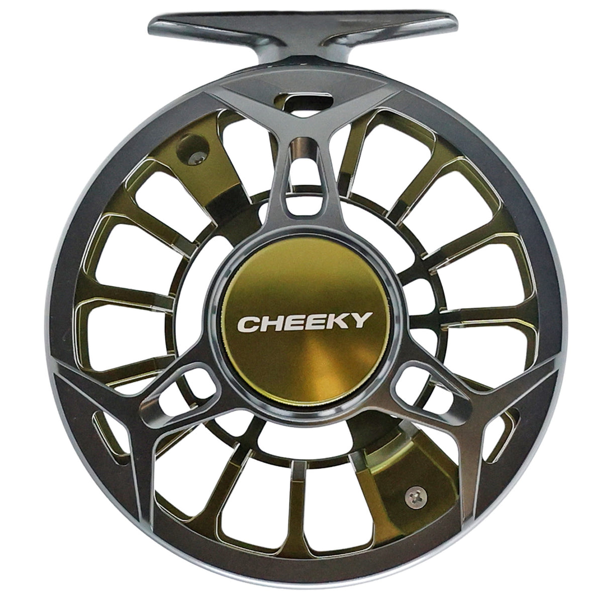 Moss and granite Cheeky Spray 450
fly fishing reel with ventilated spool and mounting foot, shown on a white background.
