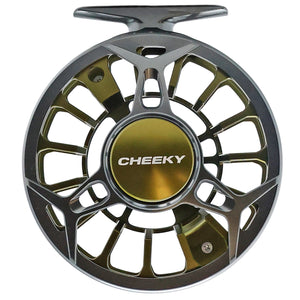 Moss and granite Cheeky Spray 450
fly fishing reel with ventilated spool and mounting foot, shown on a white background.