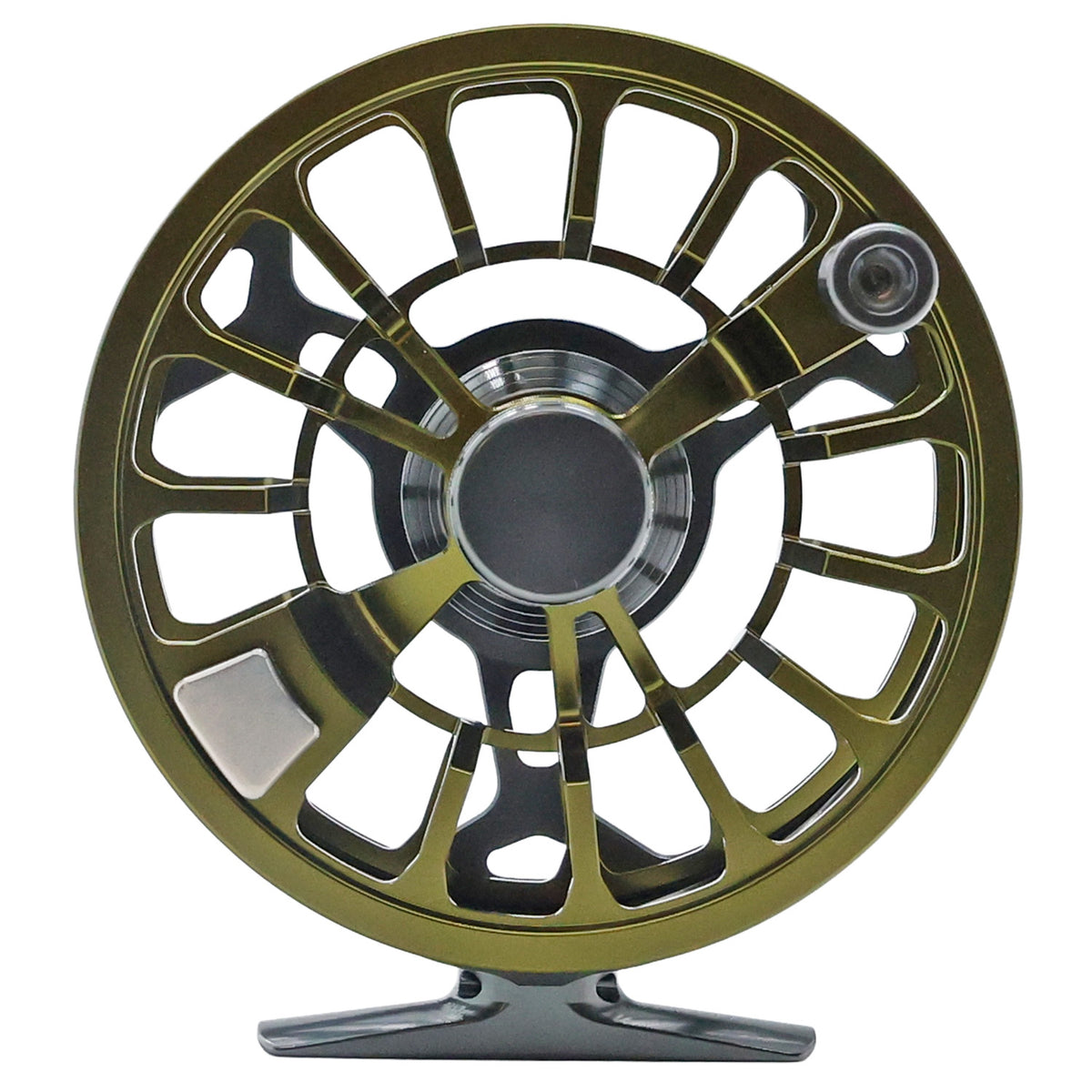Moss and granite Cheeky Spray 450 fly fishing reel with ventilated spool and mounting foot, shown on a white background.