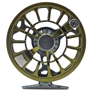 Moss and granite Cheeky Spray 450 fly fishing reel with ventilated spool and mounting foot, shown on a white background.