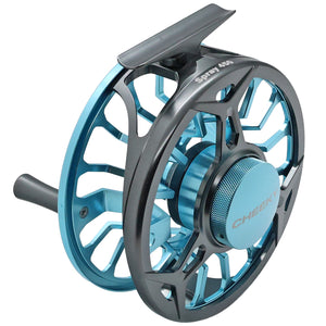 Gray and blue Cheeky Spray 450 fly fishing reel with ventilated spool and handle, shown on a white background.