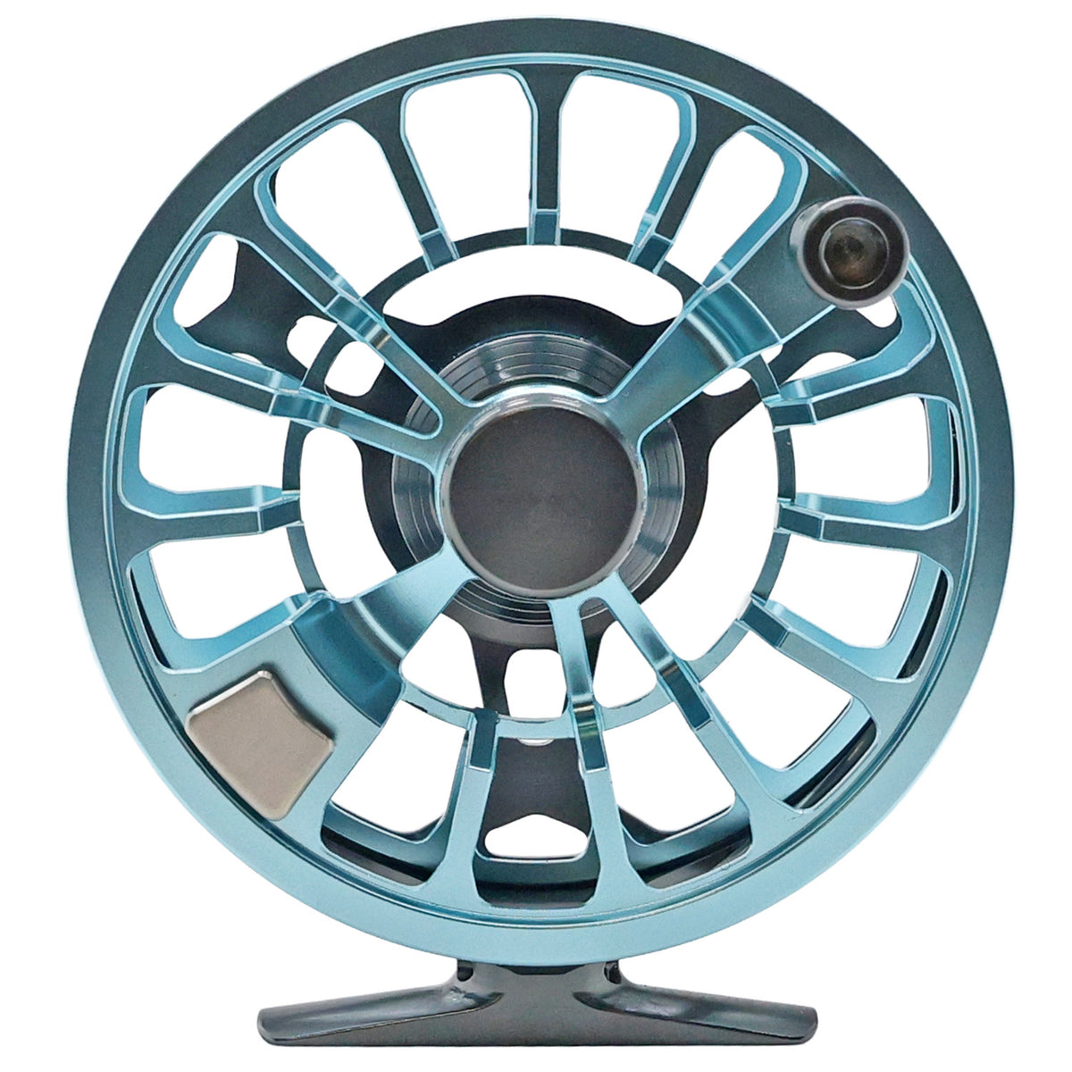 Gray and blue Cheeky Spray 450 fly fishing reel with ventilated spool and handle, shown on a white background spool side image