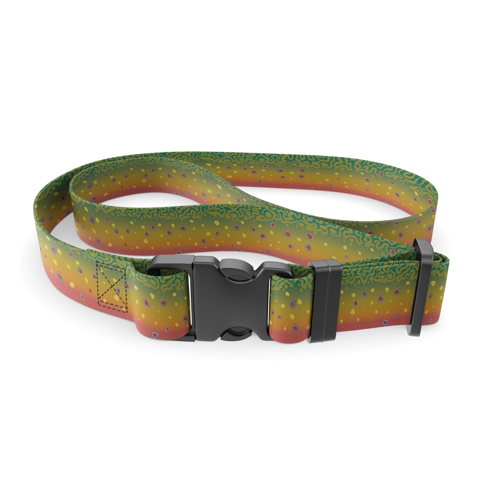 Wading belt patterned after a brook trout’s flank, showing a green back, yellow belly, and blue-rimmed red spots with a black buckle.