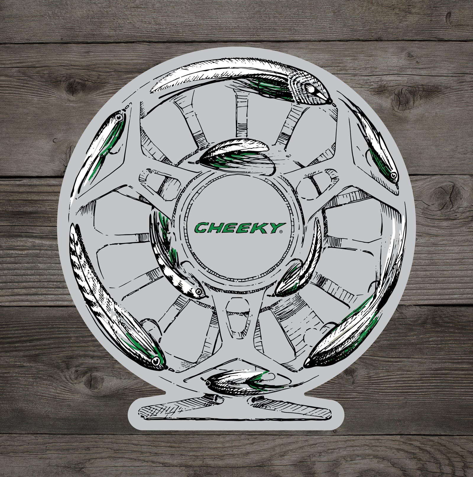 drawn cheeky spray reel with streamers around the circumference of the arbor.