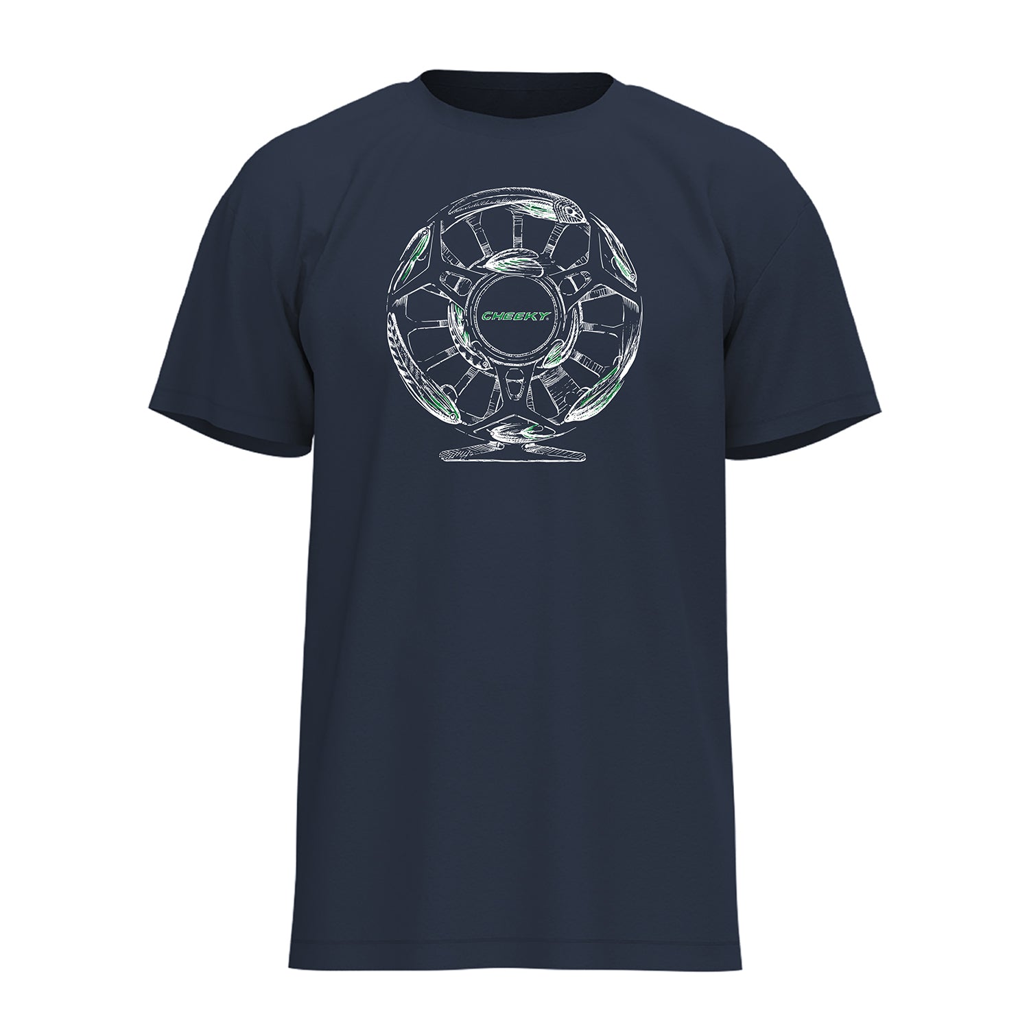 Navy Cheeky tee shirt with reel logo design