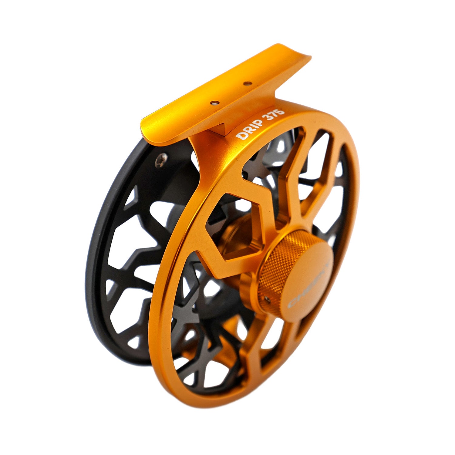 Yellow and black drip fly reel on white background