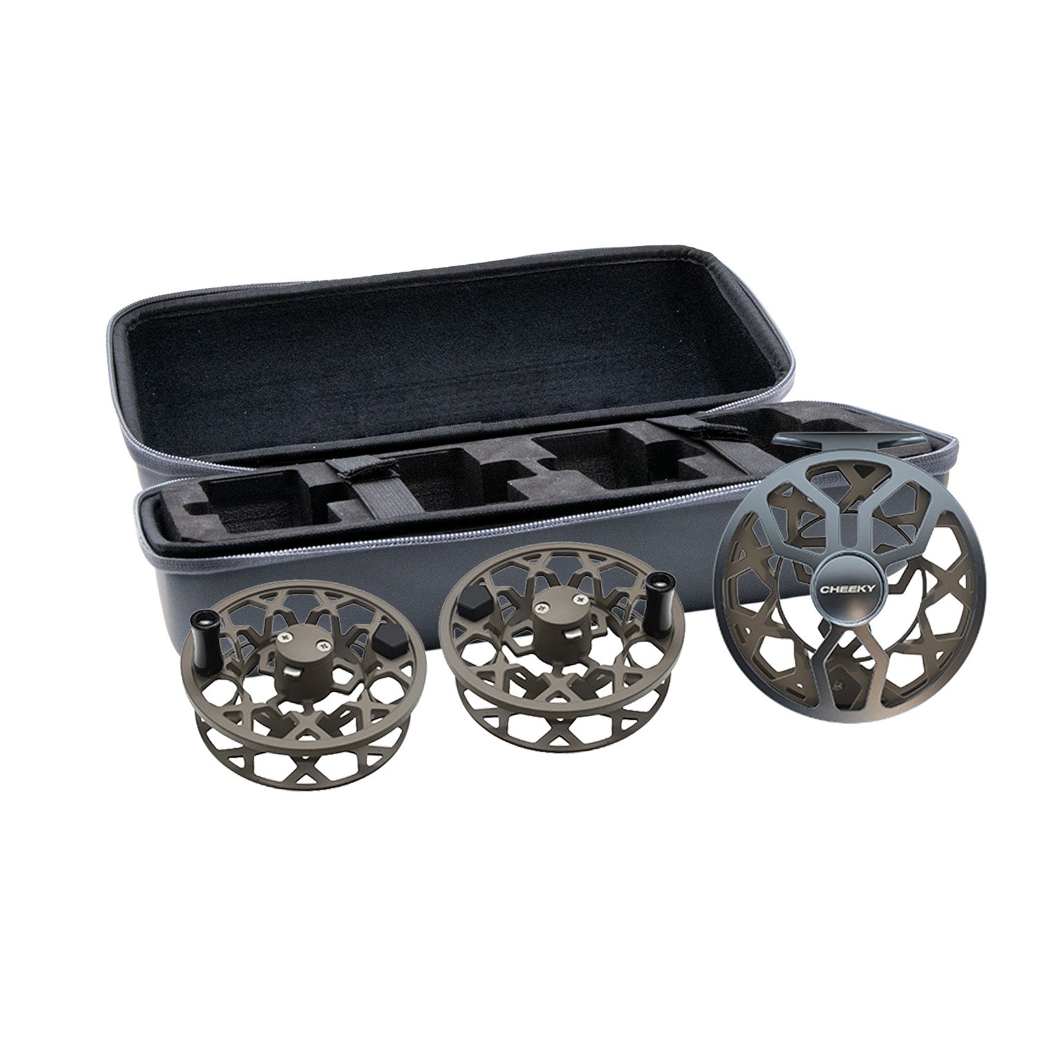 cheeky drip fly fishing reel with two spools  shown alongside an open black protective storage case as the Drip Triple Play