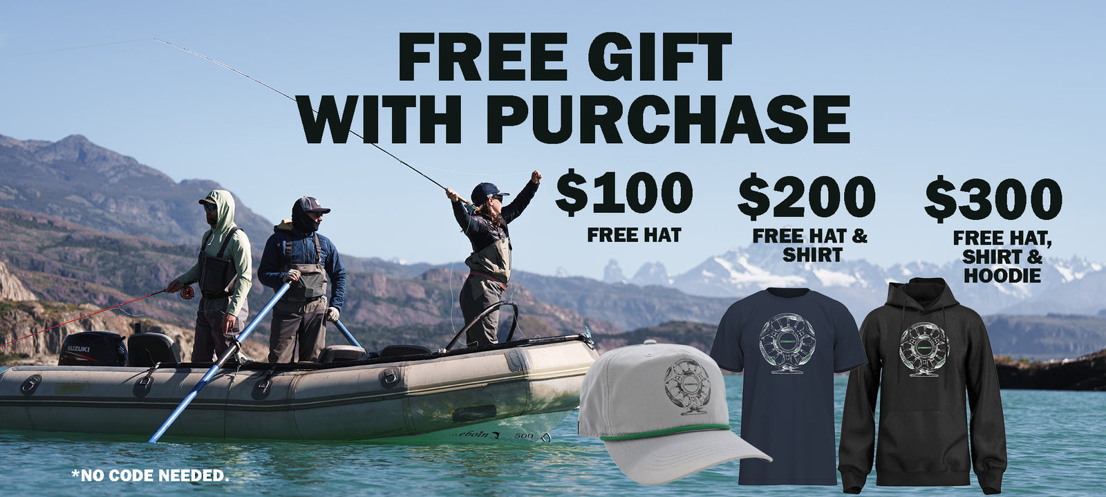 Promotional banner for outdoor apparel with a fishing scene on the water, large text reading 'FREE GIFT WITH PURCHASE' and price callouts for hats, shirts, and hoodies, plus product mockups of a cap, navy shirt, and black hoodie.