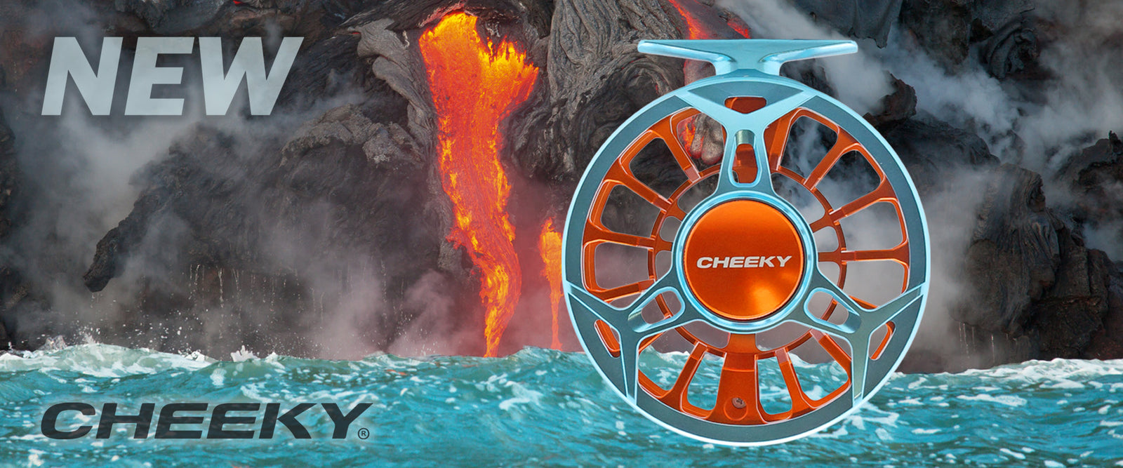 Cheeky fishing reel with lava and water background