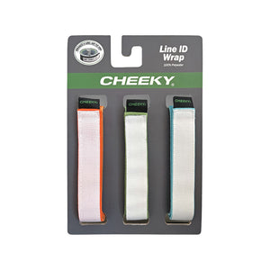 Package of three Cheeky Line ID Wraps in orange, green, and blue trim, labeled as 100% polyester.