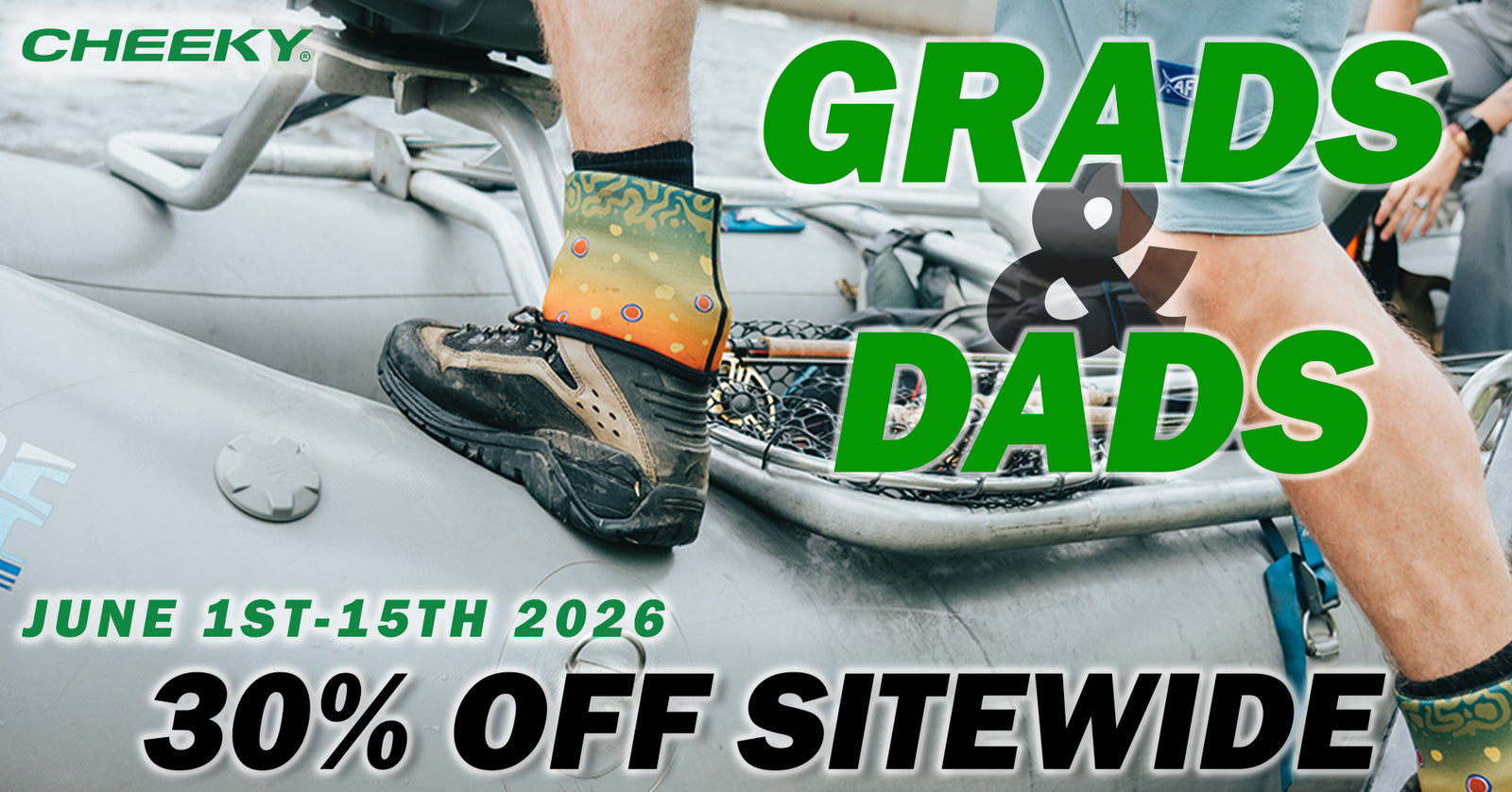 Promotional banner for 'Grads & Dads' sale with text and a person in a graduation cap and gown.