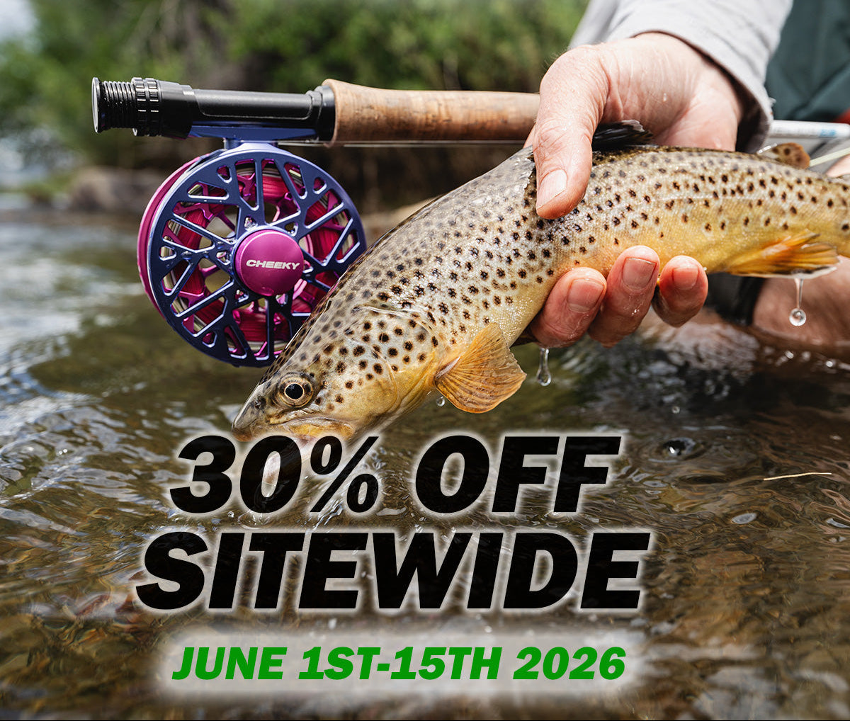 Fishing rod with purple reel held by a hand over a fish, with Cheeky brand name and sale promotion text.