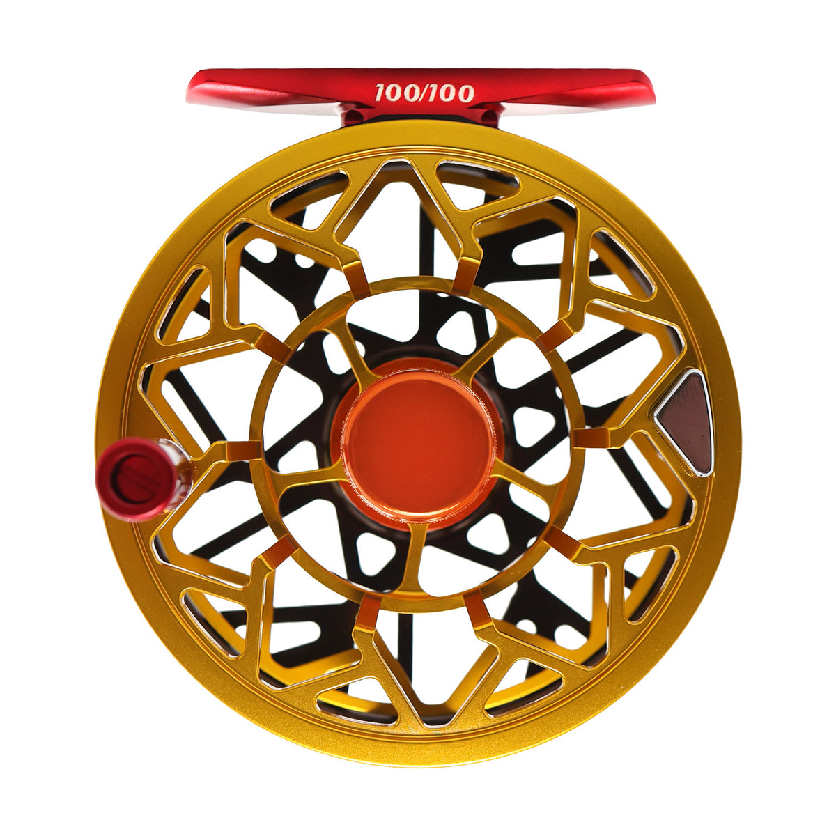 Red, brown and yellow limited trutta burst 350 fly reel spool side. Laser engraved 100/100 number on the reel foot.