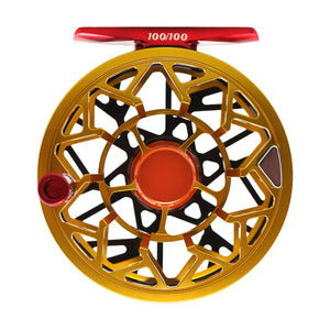 Red, brown and yellow limited trutta burst 350 fly reel spool side. Laser engraved 100/100 number on the reel foot.
