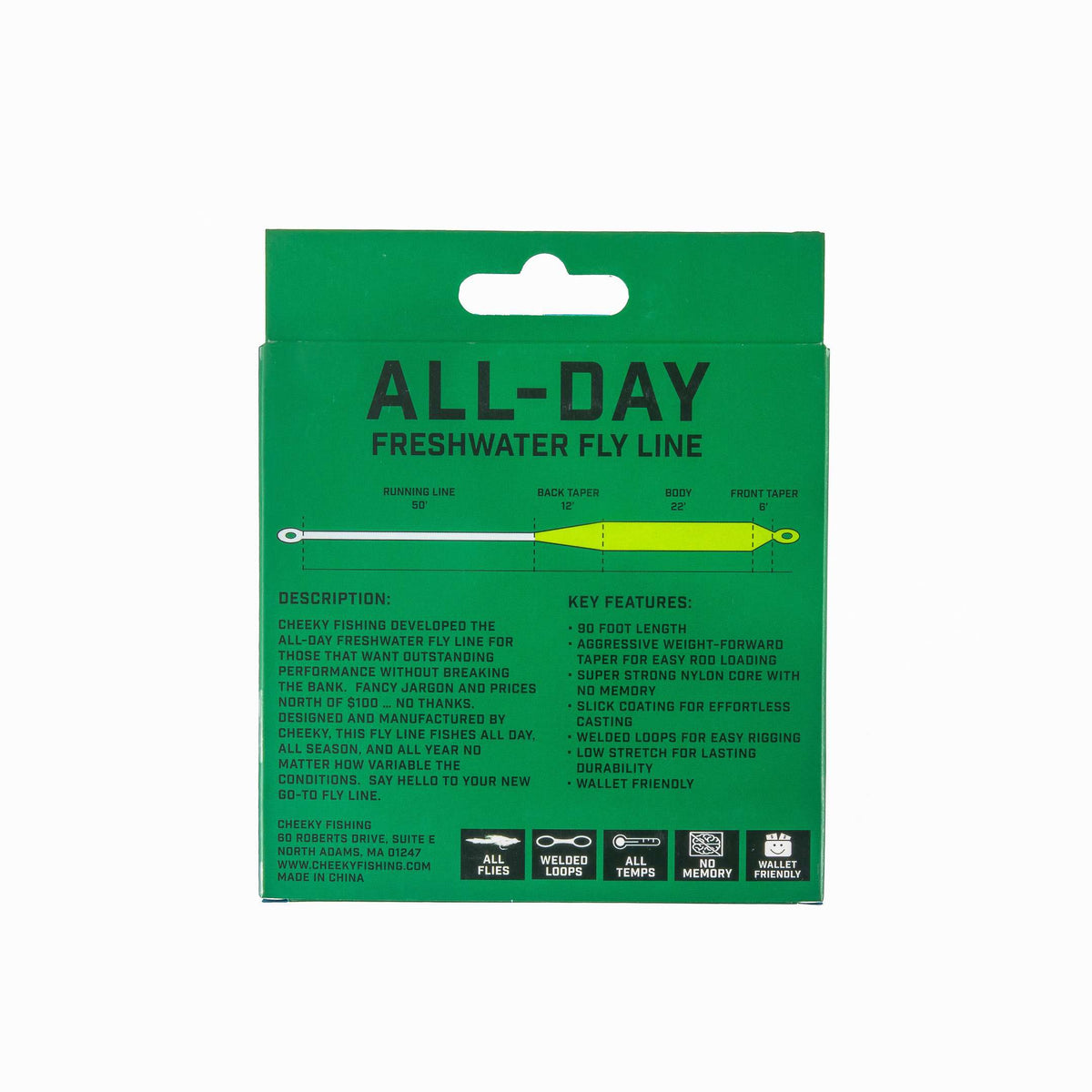 back of fly line box with information on features and description